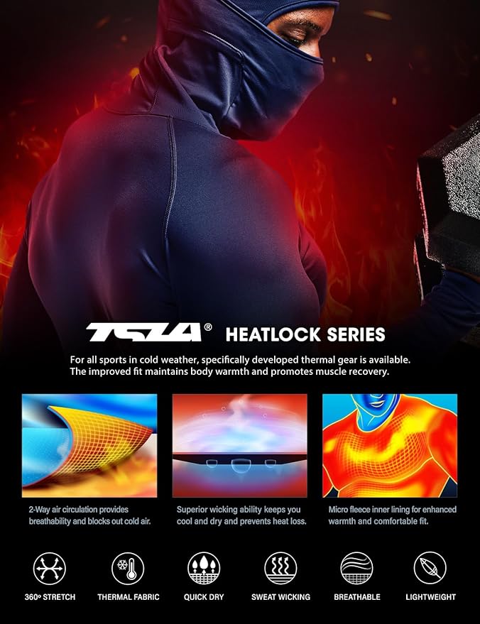 TSLA Men's Thermal Compression Shirts Hoodie with Mask, Long Sleeve Winter Sports Base Layer Top, Active Running Shirt