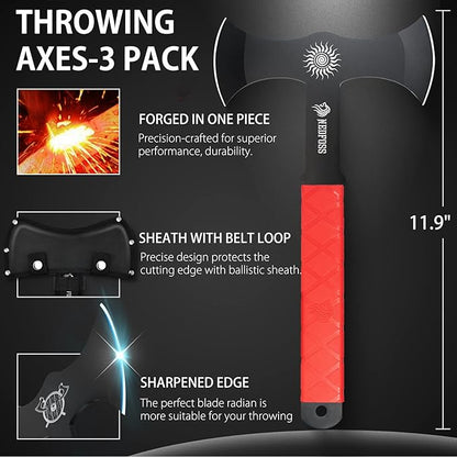 NedFoss Throwing Axes and Tomahawks with Innovative TPR Rubber Handle, 11.9" Full Tang Double Bit Throwing Axe Set with Sheath, Viking Axe Throwing Game for Recreation and Competition