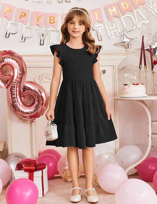 Arshiner Girls Dress Summer Ruffle Sleeve Smocked Tiered Casual Party Sundress with Pockets