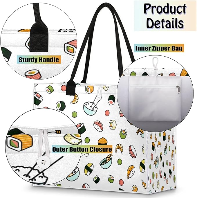 Tote Bag for Women Japanese Food Sushi Large Beach Bag Reusable Grocery Bags Tote Bag for Work Shopping Travel Beach