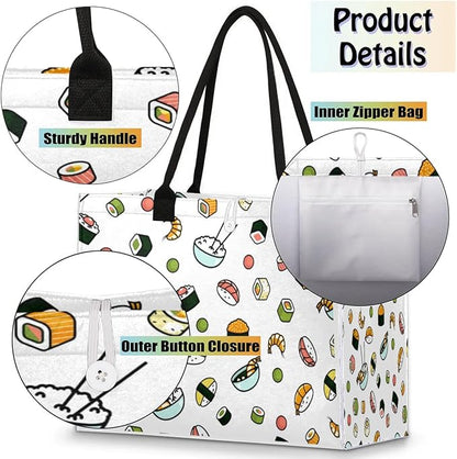 Tote Bag for Women Japanese Food Sushi Large Beach Bag Reusable Grocery Bags Tote Bag for Work Shopping Travel Beach