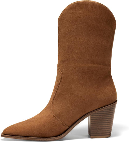 Womens Cowboy Mid Calf Boots Chunky Block Heel Pointed Toe Suede Western Cowgirl Boots