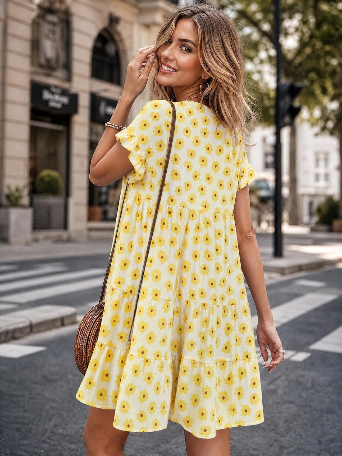 Womens Boho Floral Ruffle Sleeve Babydoll Loose Flowy Casual Summer Pleated Mini Dress