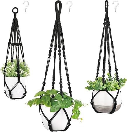 Mkono 3 Pack Macrame Plant Hangers Indoor Different Size Hanging Planter Basket Flower Pot Holder with Beads No Tassels 35"29"23", Medium, Black