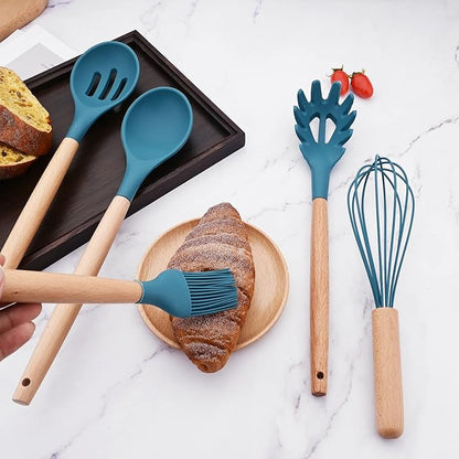 1pc Blue Pasta Spoons Silicone Pasta Server with Teeth, Wooden Handle Pasta Fork Kitchen Utensils, Heat Resistant for Pasta Noodle Spaghetti Strainer