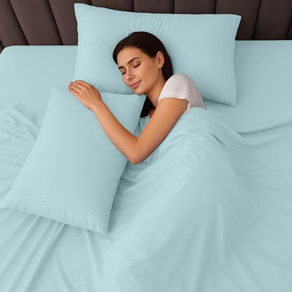 LUX Décor Queen Sheet Set - 4 Piece Ultra-Soft Microfiber Bed Sheets with Flat Sheet, 16 Inches Deep Pocket Fitted Sheet & 2 Pillowcases, Cooling & Breathable, Hotel Luxury, Oeko-TEX - Blue