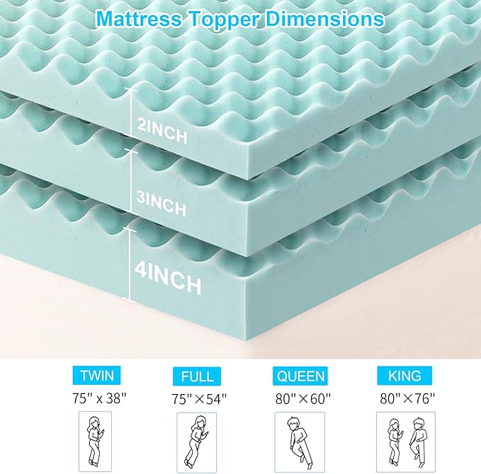 MUUEGM Mattress Topper, 2 Inch Twin Memory Foam Mattress Toppers - Egg Crate Gel Infused Cooling Pad for Breathable Comfort and Back Pain Relief