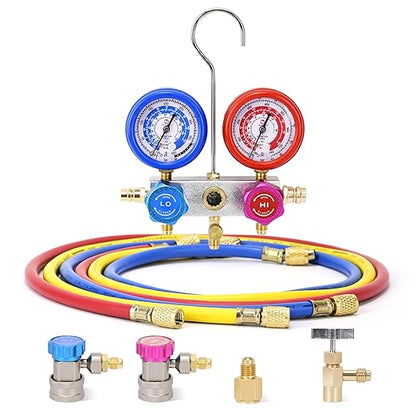 FAVORCOOL CT-136G 3-Way AC Diagnostic Manifold Gauge Set with Case for Freon Charging, fits R410A, R134A, R22 Refrigerants, Aluminum Body, Sight Glass