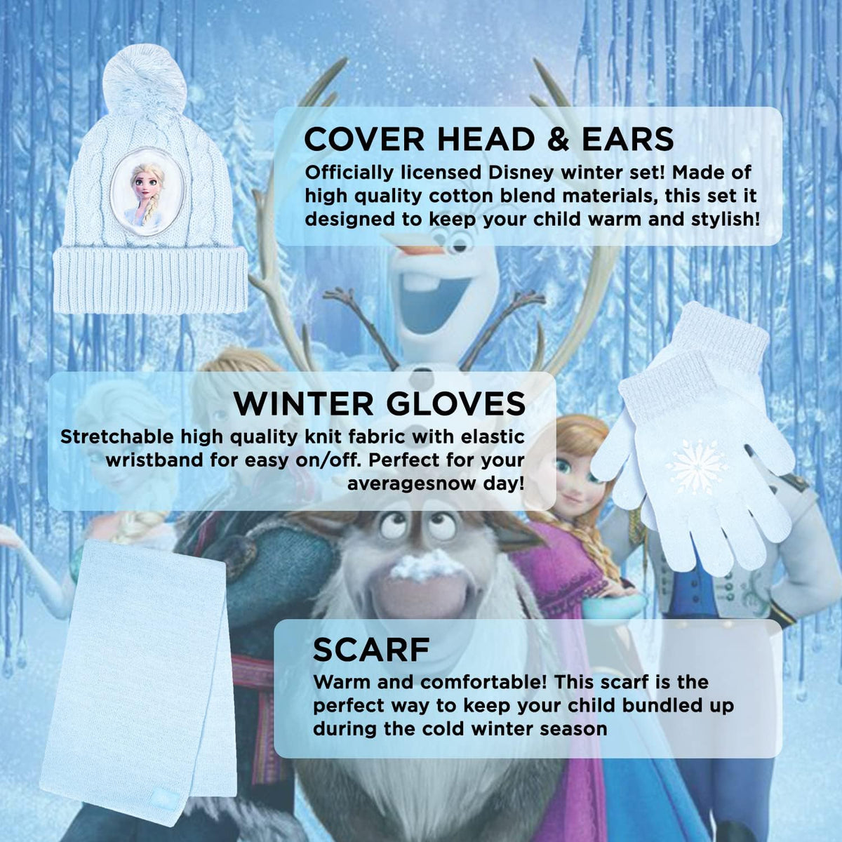 Disney Frozen Kid’s Winter Hat, Snow Gloves, and Scarf for Girls, 3 Pc. Set, Plush Warm Outdoor Comfort