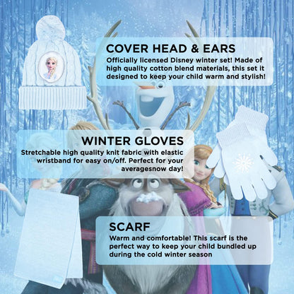 Disney Frozen Kid’s Winter Hat, Snow Gloves, and Scarf for Girls, 3 Pc. Set, Plush Warm Outdoor Comfort