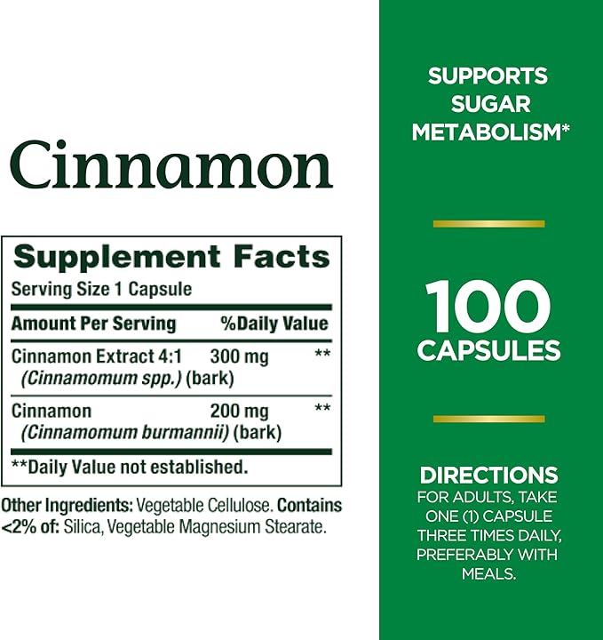 Nature's Bounty Cinnamon Capsules, Herbal Supplement, Supports Sugar Metabolism, 1500mg, 100 Capsules