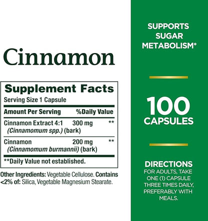 Nature's Bounty Cinnamon Capsules, Herbal Supplement, Supports Sugar Metabolism, 1500mg, 100 Capsules