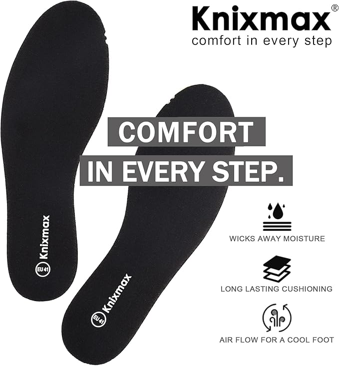 Knixmax Memory Foam Insoles for Men, Super Soft Shoe Inserts for Sneakers Slippers Boots Liners Replacement Inner Soles, Cushioned Flat Shoe Pads Black EU 44