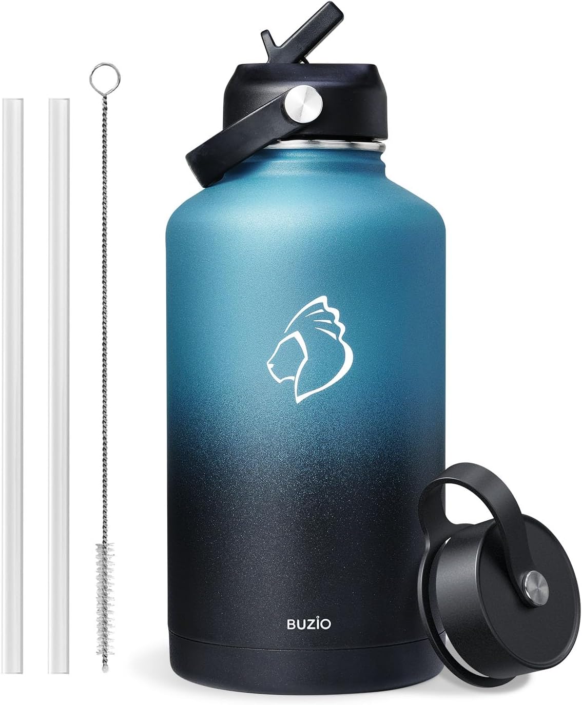 BUZIO Water Bottle with Straw Lid and Flex Cap, 40oz Double Vacuum Stainless Steel Water Flask, Cold for 48 Hrs Hot for 24 Hrs Simple Thermo Canteen Mug, Indigo Black