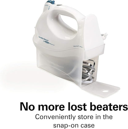Hamilton Beach Power Deluxe 6-Speed Electric Hand Mixer with Snap-On Storage Case, QuickBurst, Beaters, Whisk, Powerful 250 Watt Motor, Bowl Rest, White (62695V)