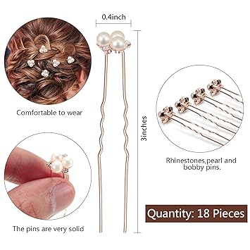 WILLBOND 18 Pcs Pearl Hair Pins Bridal Wedding Hair Accessories Crystal Bobby Pin for Brides Bridesmaids Flower Women Girls(Rose Gold)