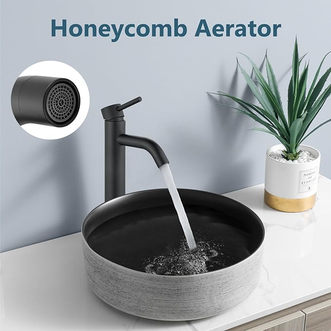 Aolemi Matte Black Vessel Sink Faucet Bathroom Faucet Tall Stainless Steel Bathroom Sink Faucet Single Handle One Hole Round Body with Pop up Drain Basin Bowl Vanity Lavatory Mixer Tap