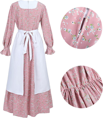 LTAKK Colonial Dress Women Prairie Pioneer Costume | Floral Dresses with Apron, Bonnet for Civil War, Revolutionary War Dress-Up, Pilgrim, Historical Reenactment, Amish Outfit