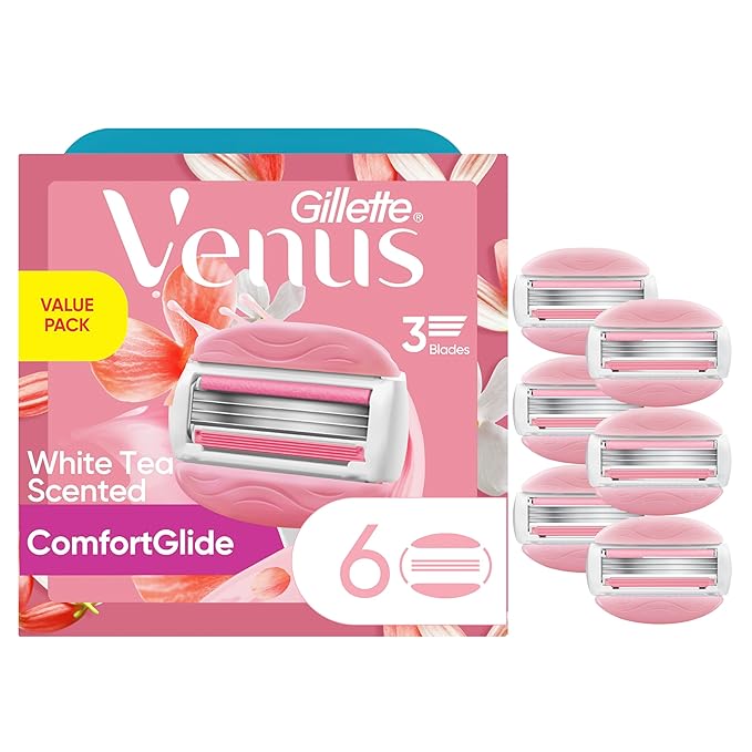 Gillette Venus ComfortGlide White Tea Women's Razor Refills, 6 Refill Cartridges, Fits Venus Reusable Razor Handles, 3-Bladed with Built-in Shave Gel Bars