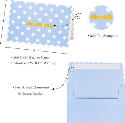 Crisky 4x6 3 Assortment Gold Foil Wavy Blue Thank You Cards with Envelopes (50 Pack) for Birthday, Baby Shower, Bridal Shower, Wedding, Graduation