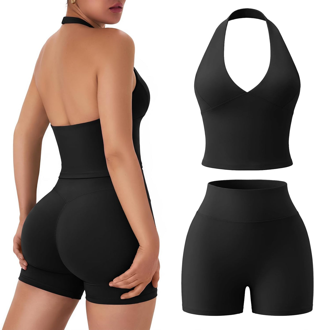 Relety Womens Workout Sets 2 Piece V Neck Halter Crop Top High Waist Scrunch Butt Booty Shorts Backless Gym Yoga Outfits.