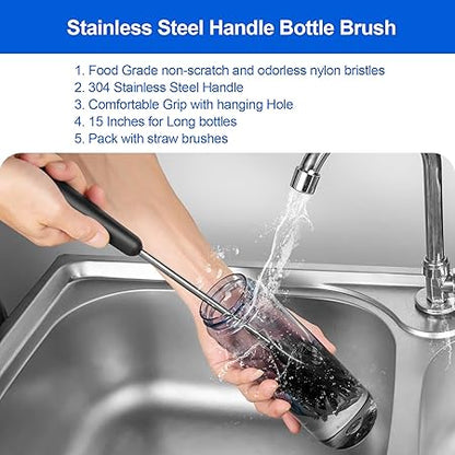 Bottle Brush, Long Stainless Steel Handle Water Bottle Brush Cleaner, Sports Bottle Scrubber, Kitchen Scrub Cleaning Brushes for Beer Bottles, Cups, Wine Glasses, Coffee Mugs, Tumblers, Thermos