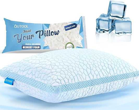 QUTOOL Cooling Pillows for Hot Sleeping, Shredded Memory Foam Pillows Queen Size Set of 1,Adjustable Soft & Firm Gel Bed Pillow for Side, Back, Stomach Sleepers