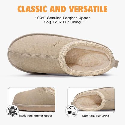 FITORY Women's Suede Slippers, Slip On House Flats with Faux Fur Lining | Short Mini Boots, Indoor & Outdoor, EVA Non-slip Outsole, Lightweight Fuzzy Winter Shoes, Warm & Cozy