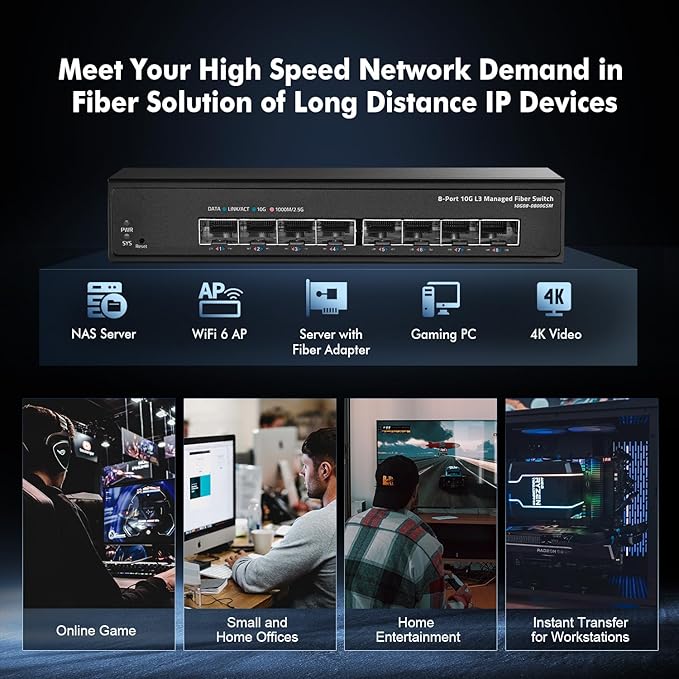 Binardat 8 Port 10 Gigabit SFP Managed Switch, Support 1G10G SFP Module, 160Gbps Bandwidth, WebCLI L3 Managed, Metal Fanless Fiber Desktop Network Switch