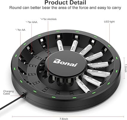 BONAI AA AAA Rechargeable Battery Charger for NiMH NiCD Batteries with AC High-Speed Plug Cable and Smart LED Light