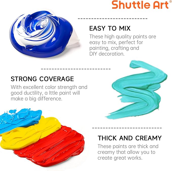 Shuttle Art Acrylic Paint, 12 Colors Acrylic Paint Large Bottle Set, 473ml/16oz Each, Rich Pigments, High Viscosity, Bulk Paint for Artists, Beginners and Kids on Rocks Crafts Canvas Wood Ceramic