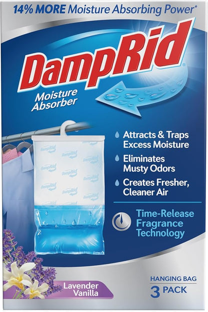 DampRid Lavender Vanilla Hanging Moisture Absorber, 16 oz., 3 Pack - Eliminates Musty Odors for Fresher, Cleaner Air, Ideal for Closet, 14 More Moisture Absorbing Power
