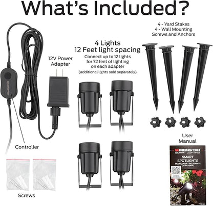 Monster Smart Outdoor RGBICWW Spotlights 4 Pack, Dimmable LEDs, Sound Reactive, IP44 Water  Weather Resistant, Compatible with Alexa, Siri, Google Home, App, Razer Chroma, Voice Controlled