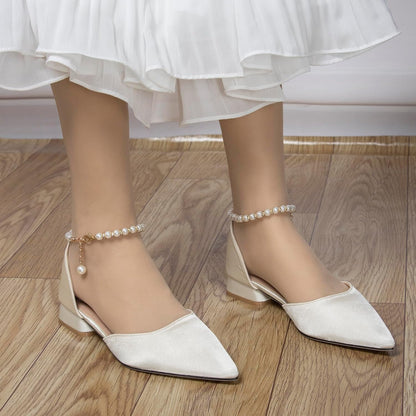 Women's 1 Inch Beige Satin Heels with Pearl Ankle Strap Pointy Closed Toe Low Block Chunky Pumps Comfort White Wedding Dress Sandal Shoes for Bride Guest Party