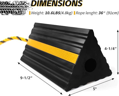MaxxHaul 50019 Heavy Duty 3-Sided Rubber Wheel Chock with Yellow Reflective Strips and Nylon Rope and Non-Slip Base - 1 Pair