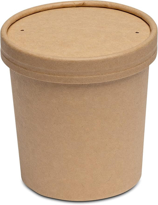 GUSTO 16 oz. - 25 Count Kraft Paper Food Containers with Vented Lids - To Go Hot Soup Bowls, Disposable Ice Cream Cups, Ideal for Hot and Cold Foods - (Formerly Comfy Package)