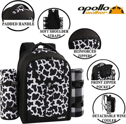 apollo walker Picnic Backpack Bag for 2 Person with Cooler Compartment, Detachable BottleWine Holder, Fleece Blanket, Plates and Cutlery Set (2 Person, Black)