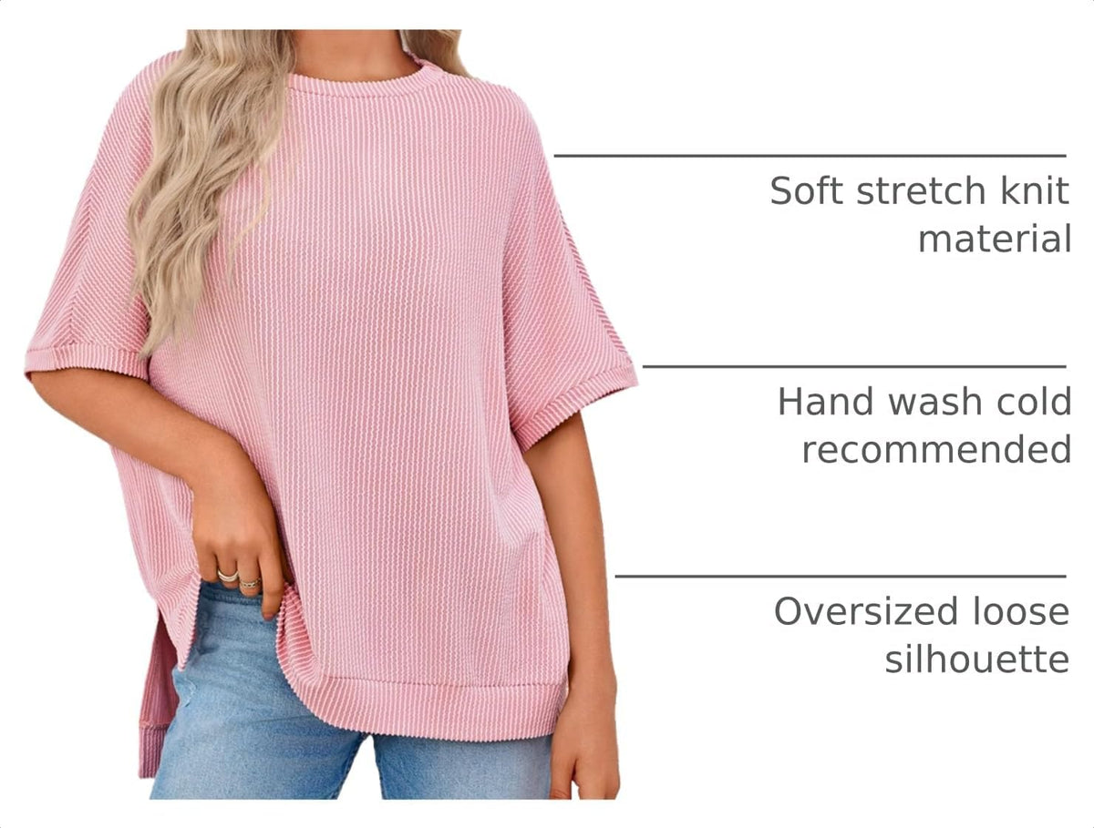 Tankaneo Womens Oversized T Shirts Summer Casual Ribbed Batwing Short Sleeve Tunic Tops Loose Fit Dolman Sleeve Tees