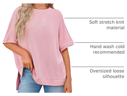 Tankaneo Womens Oversized T Shirts Summer Casual Ribbed Batwing Short Sleeve Tunic Tops Loose Fit Dolman Sleeve Tees