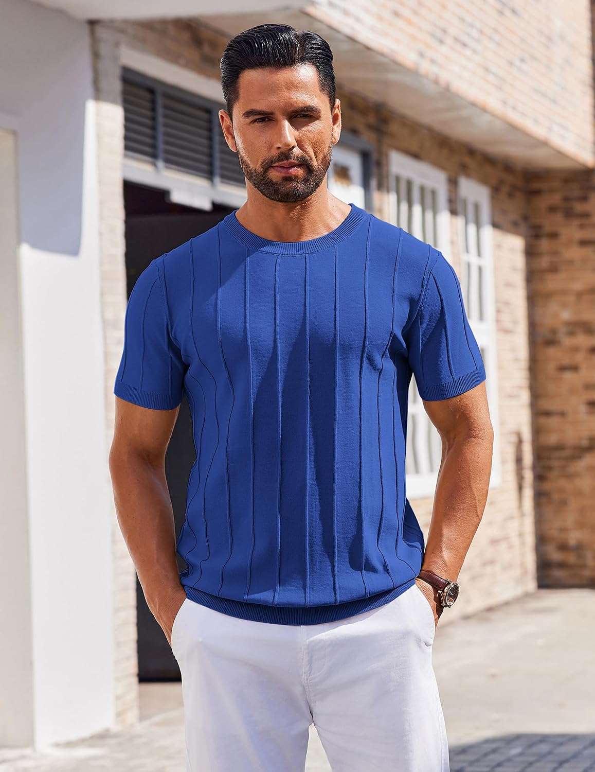COOFANDY Men's T- Shirts Short Sleeve Knit Sweater Shirt Casual Crewneck Ribbed Pullover Tees.