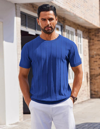 COOFANDY Men's T- Shirts Short Sleeve Knit Sweater Shirt Casual Crewneck Ribbed Pullover Tees.