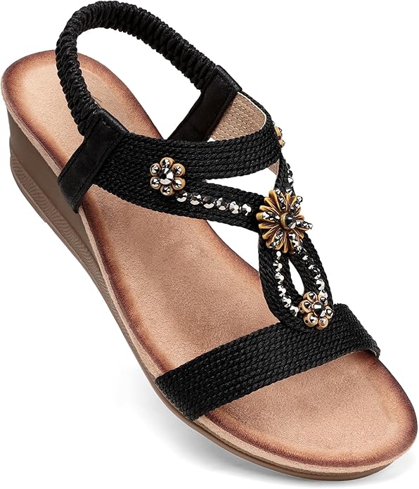 SHIBEVER Womens Wedge Sandals Flower Low Heel Dressy Sandals Elastic Ankle Strap Rhinestone Summer Comfortable Shoe