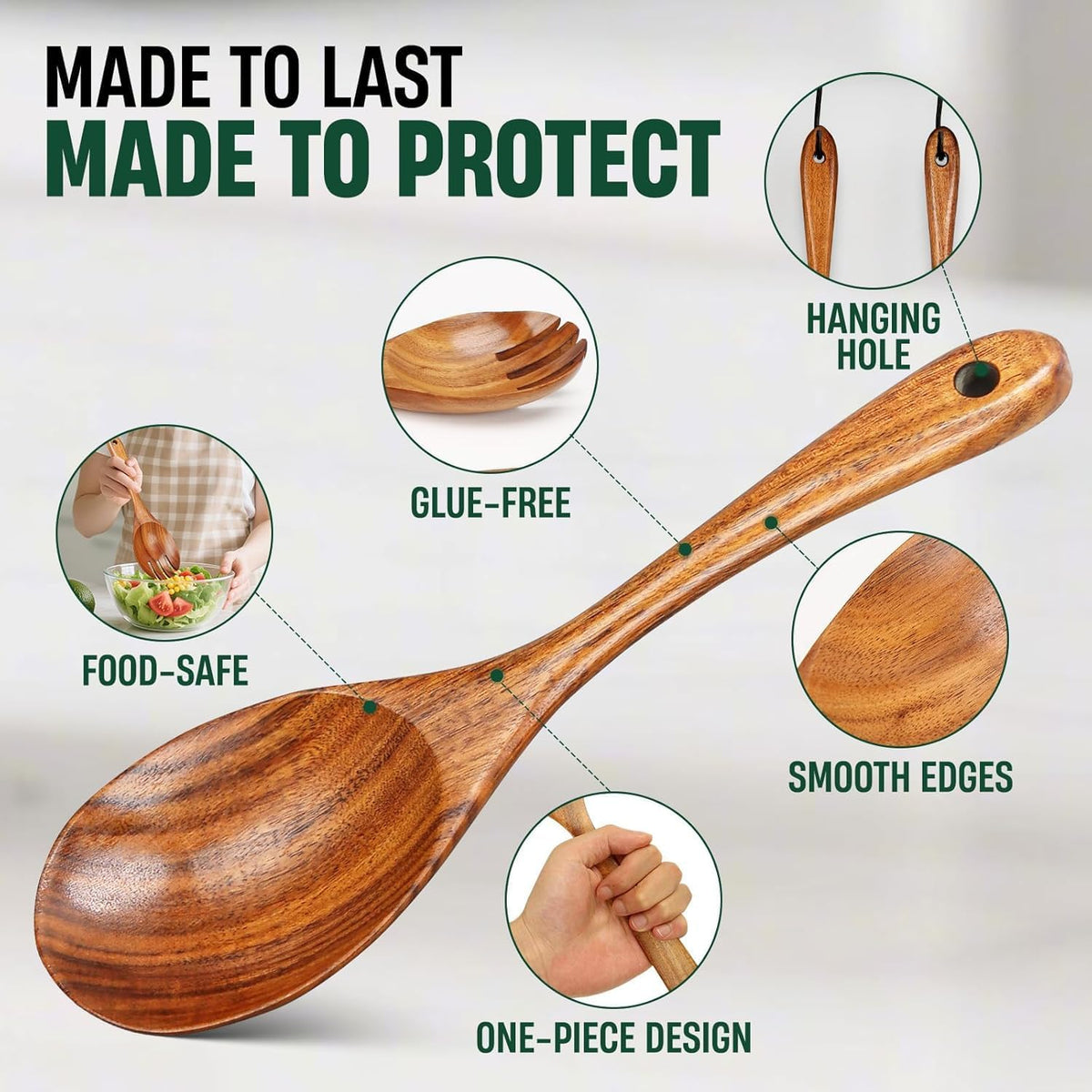 Wooden Cooking Spoons, Natural Acacia Wood Kitchen Utensil, 12Inch Large Wooden Mixing Spoons for Nonstick Cookwares, Comfort Grip, Durable, Kitchen Gifts for Women, Cooking Gifts for Men