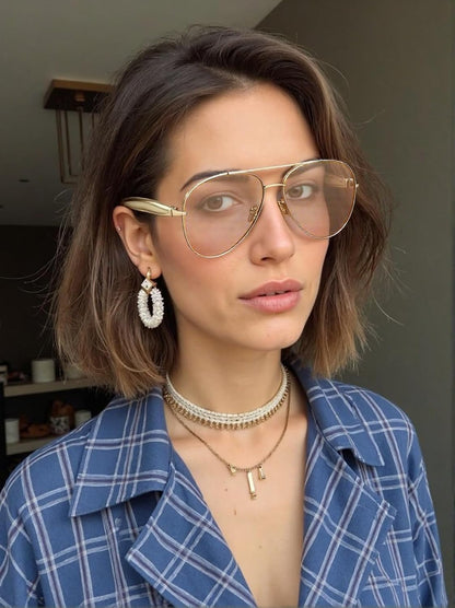 Oversized Aviator Sunglasses For Women 70s Retro 2025 Metal Shades with Gold Streamline Arms ( No Original Box )