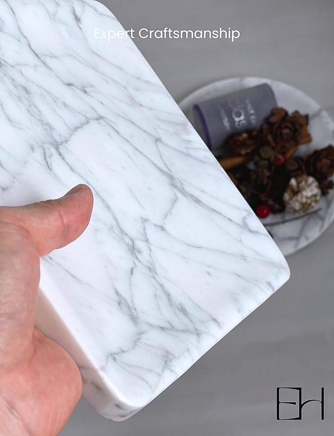 Natural Marble Tray, 8 inches Inside Raised Edges Round Serving Board, Bathroom Organizers and Storage, Stone for Home Kitchen Vanity Countertop Decor (Calacatta White, Square)
