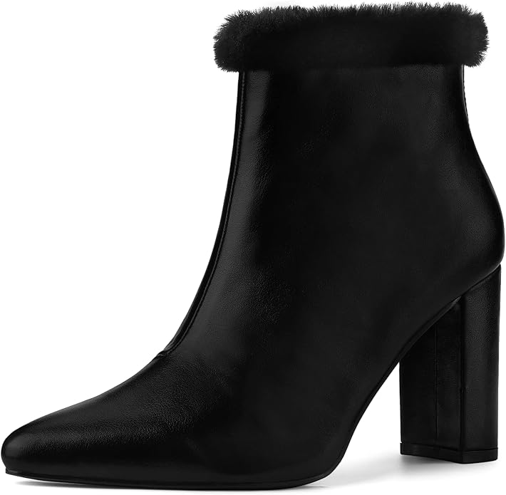 Allegra K Women's Pointed Toe Faux Fur Block Heel Ankle Boots