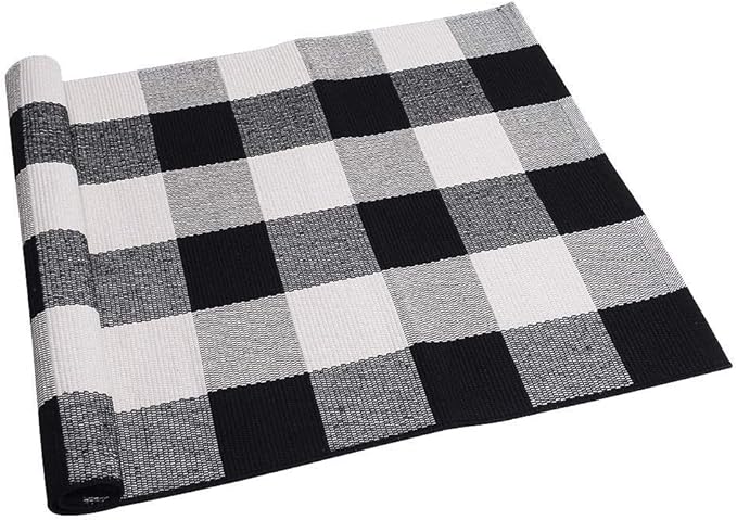 SEEKSEE Cotton Buffalo Plaid Rug 2'x3' Black and White Checked Rug Washable Doormats Indoor Outdoor Rugs for Layered Front Door Mats, Porch, Kitchen, Farmhouse, Entryway
