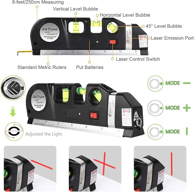 Laser Level Line Tool, Multipurpose Laser Level Kit Standard Cross Line Laser leveler Beam Tool with Metric Rulers 8ft2.5M for Picture Hanging cabinets Tile Walls by AikTryee.