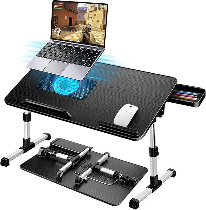 Adjustable Laptop Lap Desk with Fan and Drawer, Stand for Bed, Couch, Floor (20.9" x 11.8", Black) - Fits Laptops up to 15.6"