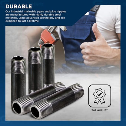 SupplyGiant 3/4 x 8 Inch Steel Black Pipe (4-Pack), Heavy Duty Industrial Malleable Steel Pipes, 3/4" x 8" Pre Cut Threaded Nipple Connector For All DIY Furniture And Black Pipe Shelving